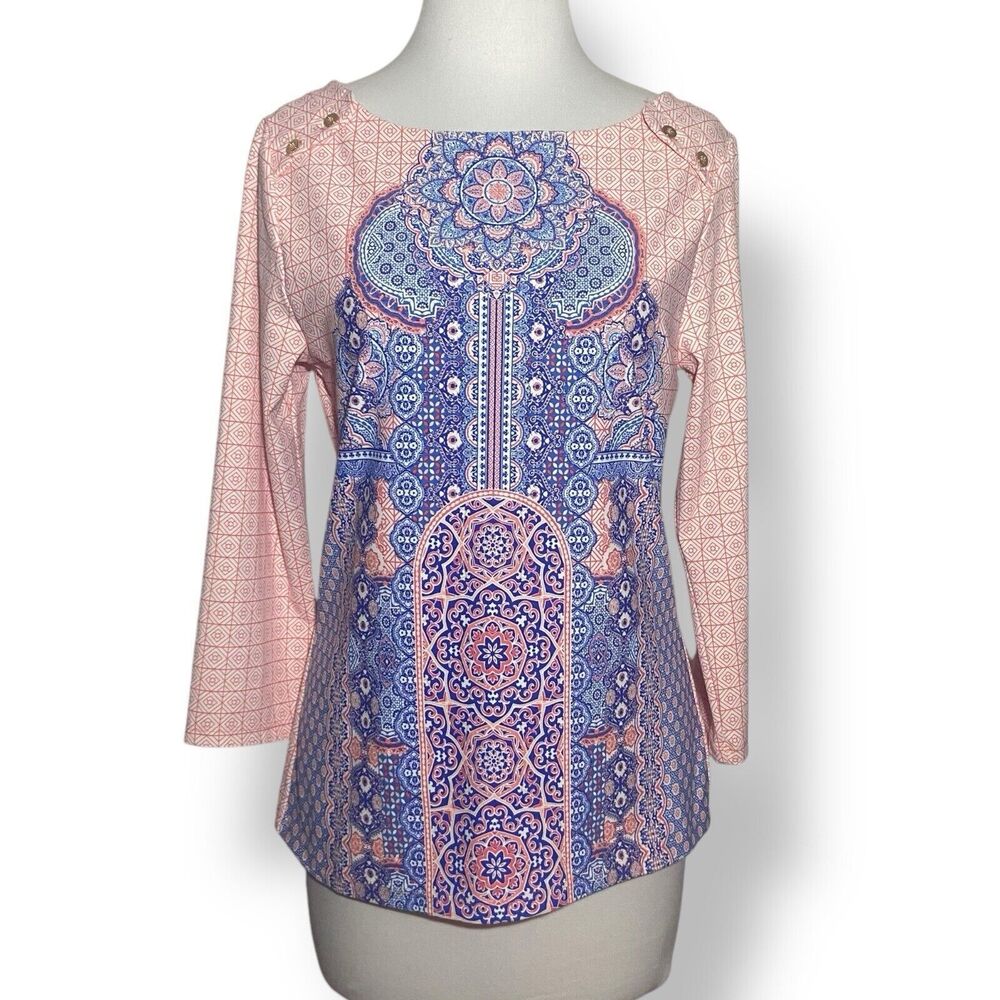 Cabana Life Blouse 3/4 Sleeve Women's M Pink Blue Stretchy